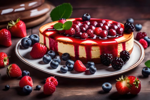 Ein Kuchen mit Himbeeren und Himbeeren auf einem Teller