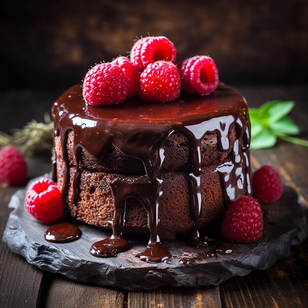 ein Kuchen mit Himbeeren und Schokoladenglasur darauf