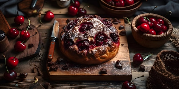 Ein Kuchen mit Kirschen darauf