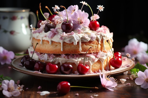 Ein Kuchen mit Kirschen und Blumen auf einem generativen KI-Bild auf dem Teller