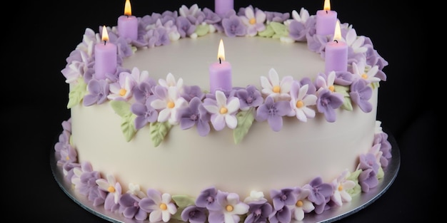 Ein Kuchen mit lila Blumen darauf