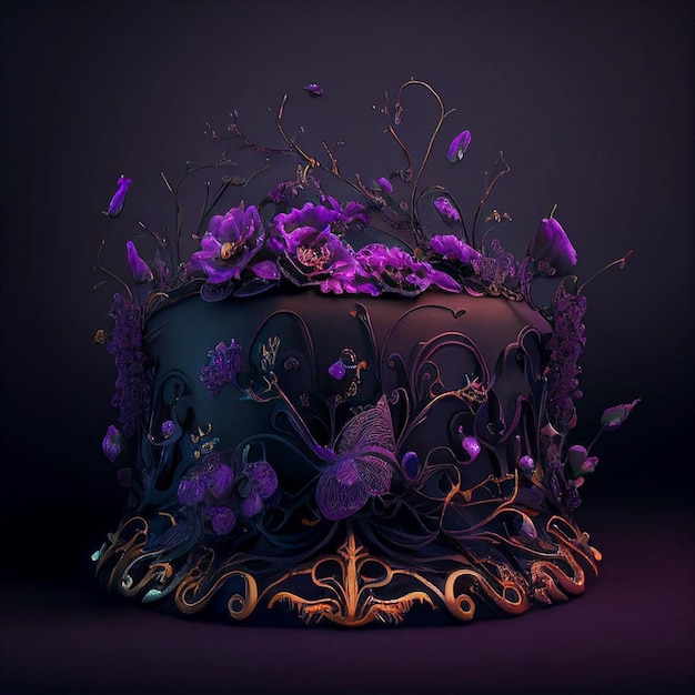 Ein Kuchen mit lila Blumen und Blättern darauf