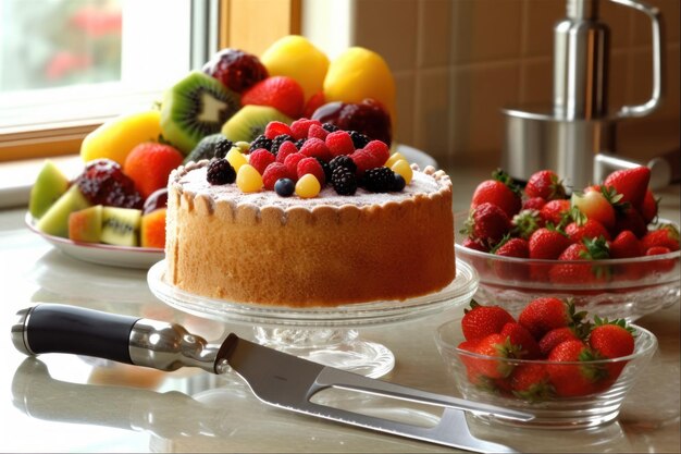 Foto ein kuchen mit obst drauf und eine schüssel obst auf dem tisch.