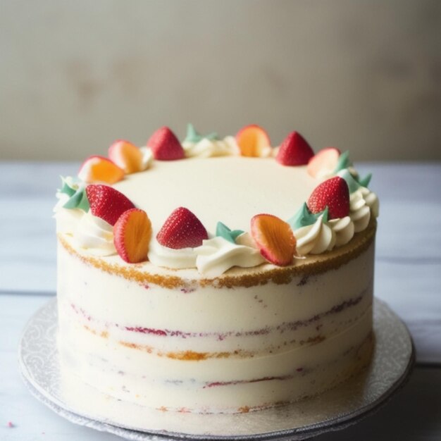 ein Kuchen mit Obst oben drauf und Erdbeeren oben drauf.