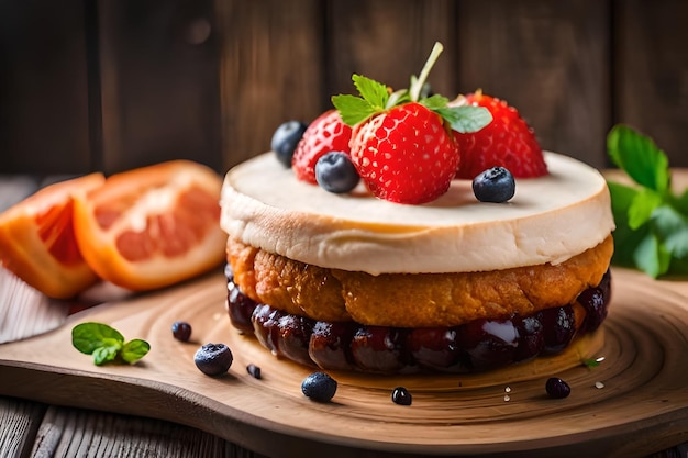 ein Kuchen mit Obst und einem Haufen Erdbeeren oben