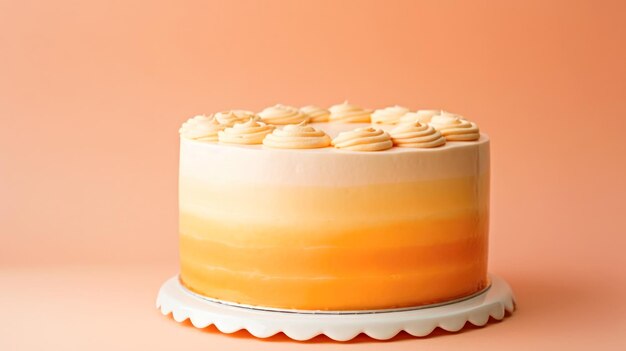 Ein Kuchen mit orangefarbenem Glasur auf einem weißen Kuchenstand Pfirsich Fuzz Farbe des Jahres 2024 monochromatisch