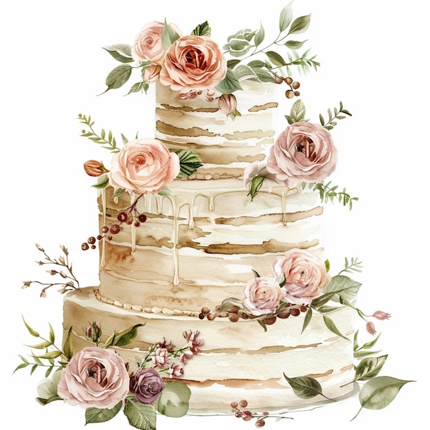 ein Kuchen mit rosa Rosen und grünen Blättern und Blumen