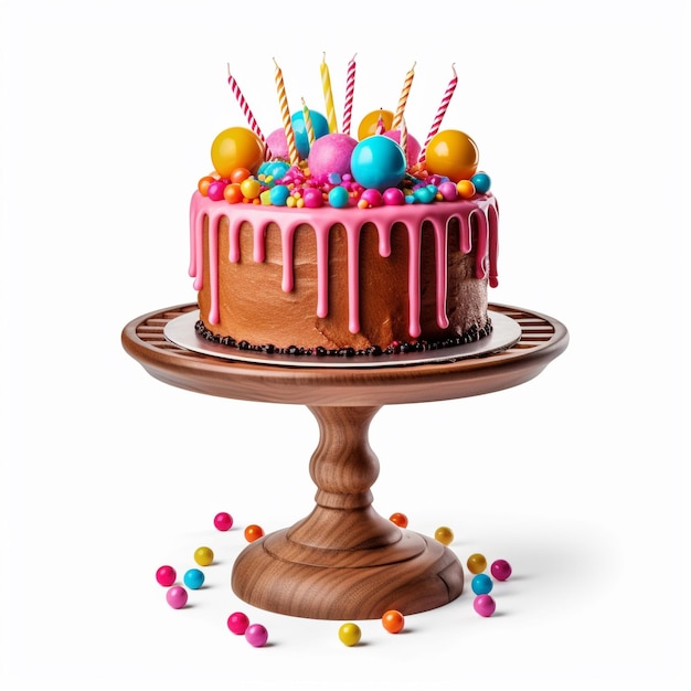 ein Kuchen mit rosa und lila Zuckerguss und Bonbonkugeln auf einem Tortenständer.