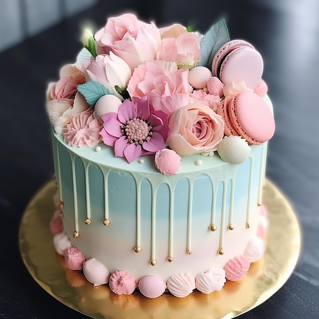 Ein Kuchen mit rosa und weißen Blumen darauf