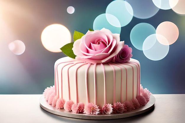 Foto ein kuchen mit rosa zuckerguss und einer rose oben drauf