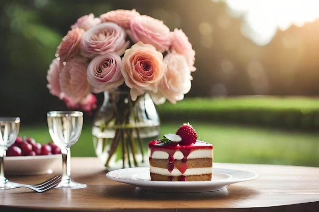 Ein Kuchen mit Rosen und ein Teller mit einer Tasse Wein im Hintergrund.