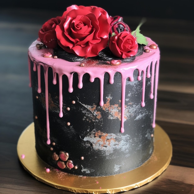 ein Kuchen mit roten Rosen darauf und einer roten Rose oben drauf.