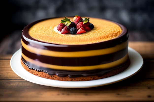 Ein Kuchen mit Schokoladenglasur und Erdbeeren obendrauf.