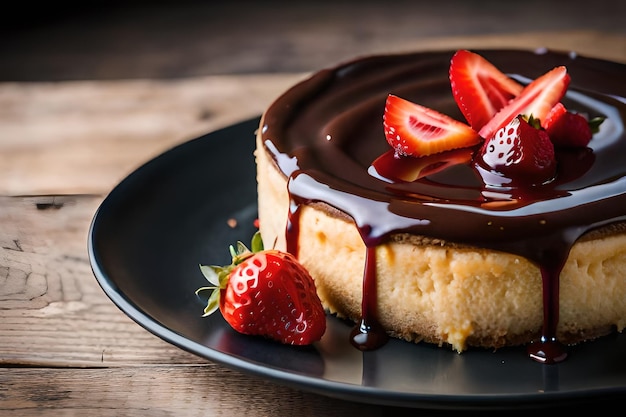 Ein Kuchen mit Schokoladensauce und Erdbeeren auf einem Teller