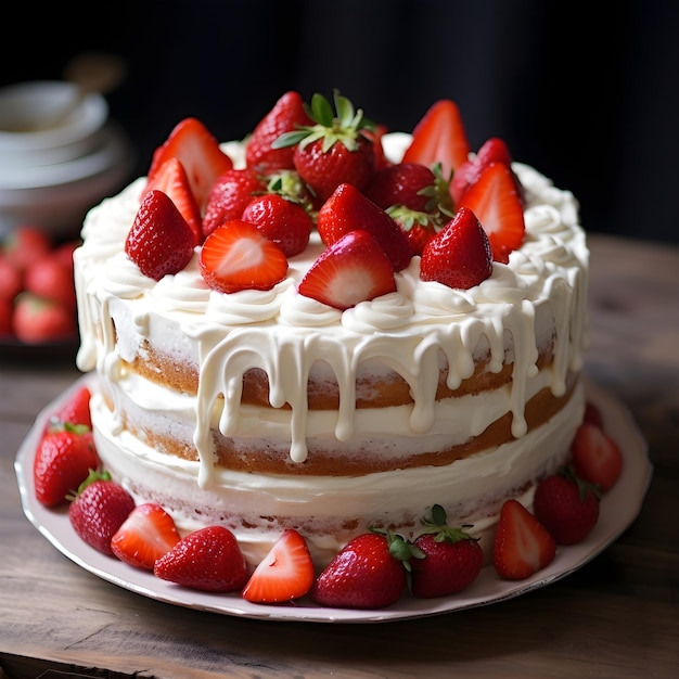 Ein Kuchen mit weißem Glasur und Erdbeeren drauf