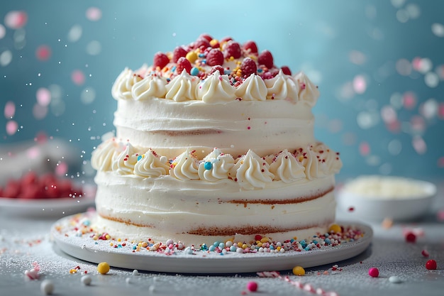 Ein Kuchen mit weißem Glasur und Spritzen auf einem Teller mit blauem Hintergrund und rosa und gelbem Spritz