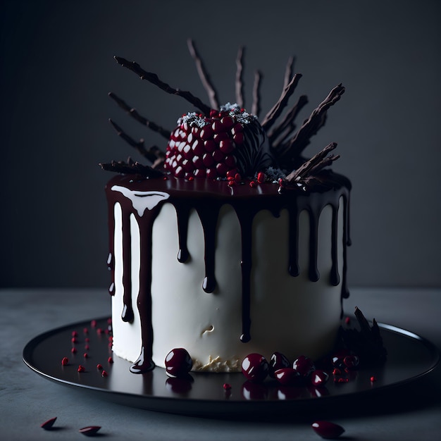 Ein Kuchen mit weißem Zuckerguss und Beeren darauf.