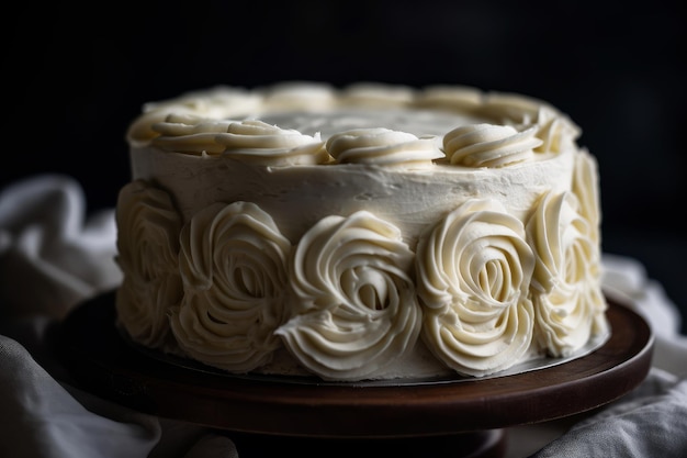 Ein Kuchen mit weißem Zuckerguss und Rosen darauf
