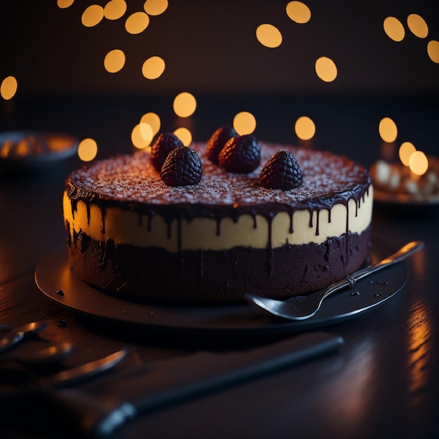 Ein Kuchen mit weißer Schokolade und Himbeeren darauf