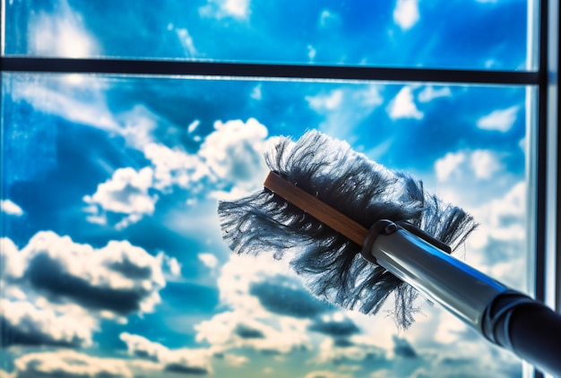 Ein Küchenfenster mit einer Seifenbürste vor blauem Himmel reinigen