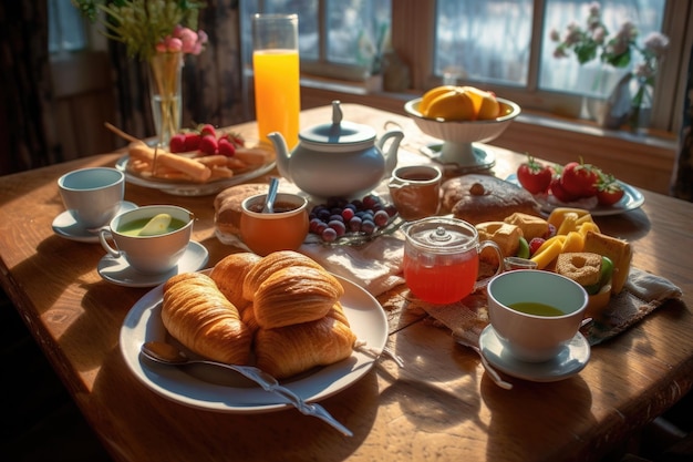 Foto ein küchentisch ist mit kaffee und frühstückszutaten gedeckt. frühstücksgerichte müssen aus der luft zubereitet und verzehrt werden