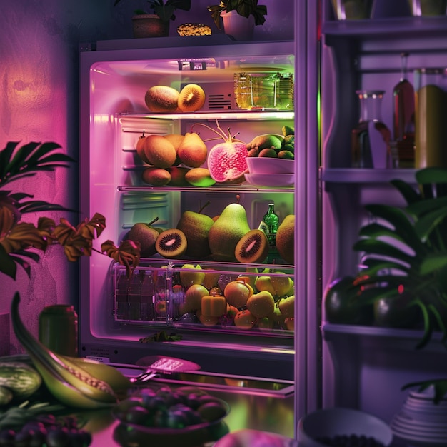 ein Kühlschrank mit einem lila Licht und einer grünen Pflanze in der Mitte