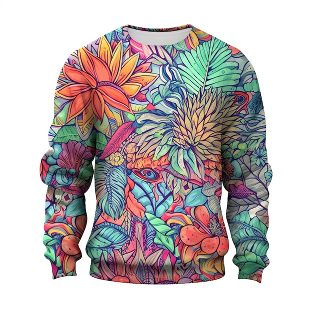 Ein kühnes, exotisches Longsleeve-Crew-Neck-Sweatshirt mit einem lebendigen Blumenprint auf weißem Hintergrund