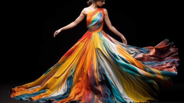 Ein kühnes und farbenfrohes Frauenkleid, eine Mischung aus Kunst und Mode