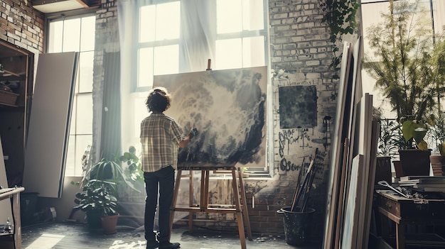 Ein Künstler arbeitet hart in seinem Atelier, um ein großes abstraktes Gemälde zu vervollständigen