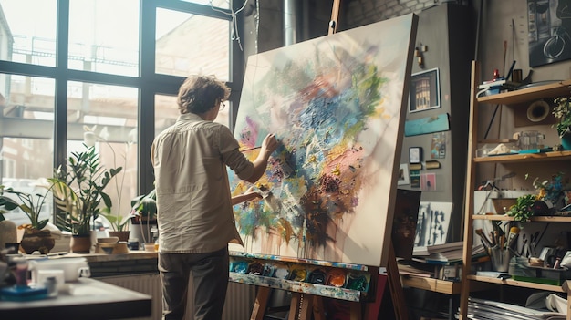 Ein Künstler arbeitet in seinem Atelier hart daran, einem großen abstrakten Gemälde den letzten Schliff zu geben