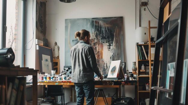 Ein Künstler in seinem Atelier schaut sich ein Gemälde an, er trägt ein lässiges Outfit und hat seine Haare in einem Bündel.