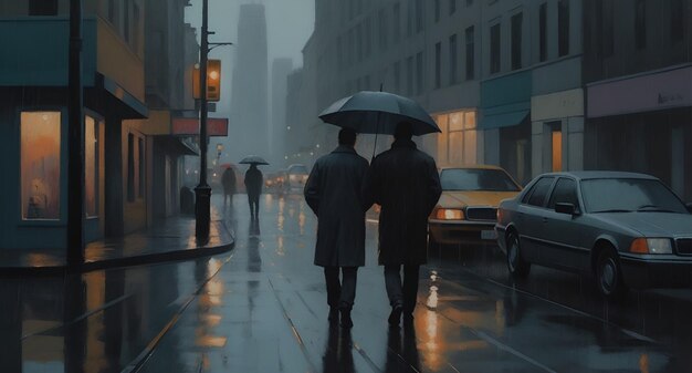 Ein Künstler malt ein regnerisches Stadtbild auf eine Leinwand, um die Stimmung und das Ambiente einer feuchten städtischen Umgebung einzufangen