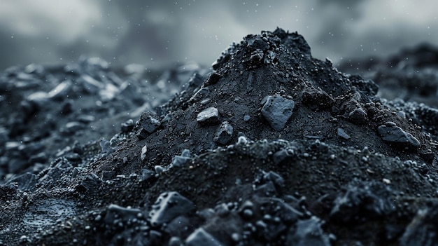 Ein künstlerisches Bild von einem Haufen dunkler, zerbröcklicher Erde mit Stücken aus verkohltem Material, das darin gemischt ist