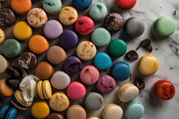 Ein künstlerisches Flatlay-Bild mit einer Auswahl an bunten Macarons auf einer Marmoroberfläche Generative Ai