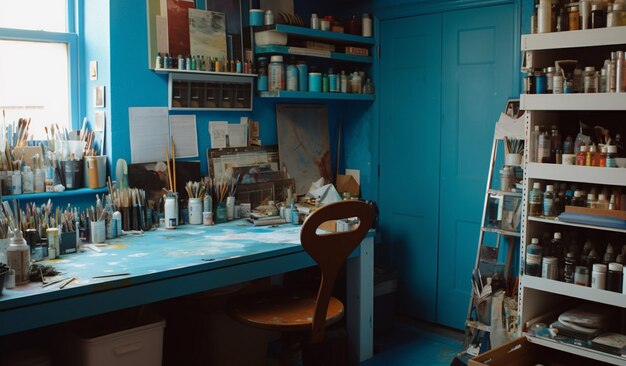Ein Künstlerstudio mit himmelblauen Wänden, große Zeichentischregalen, gefüllt mit Farbmaterialien in Cerulean-Schattierungen