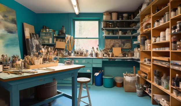 Ein Künstlerstudio mit himmelblauen Wänden, große Zeichentischregalen, gefüllt mit Farbmaterialien in Cerulean-Schattierungen