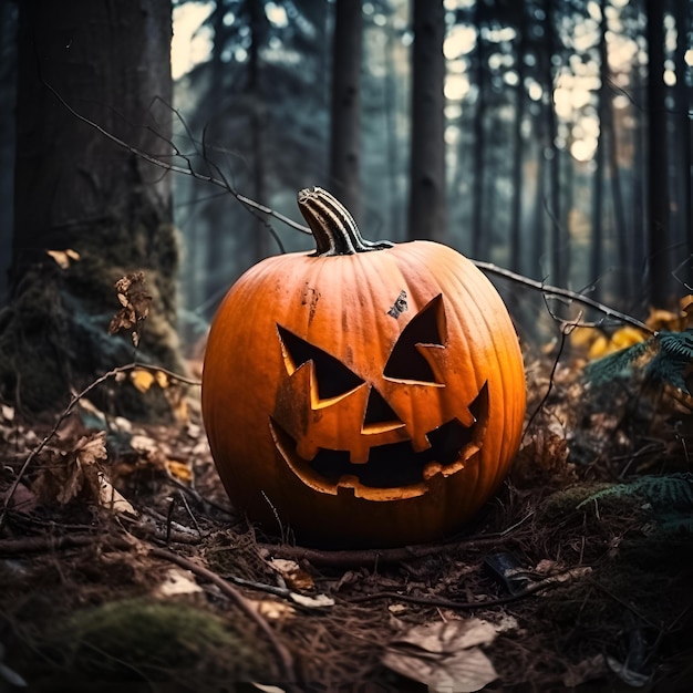 Ein Kürbis sitzt in einem Wald und trägt das Wort Halloween darauf.