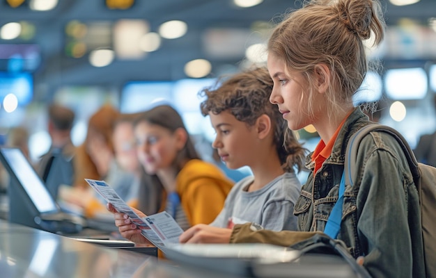 Ein Kundendienstmitarbeiter bei der Check-in-Station des Flughafens überprüft die Familientickets