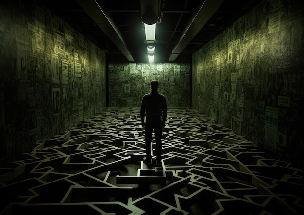 Ein Kunstwerk mit einem Labyrinth aus Dollarscheinen und einer Person, die durch das Labyrinth navigiert