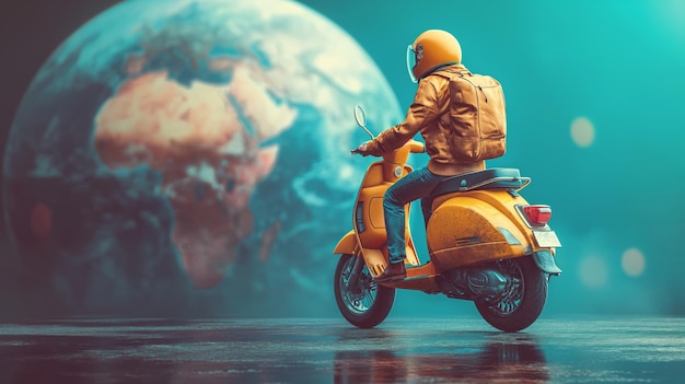 Ein Kurier auf einem gelben Moped fährt um den runden Planeten Erde