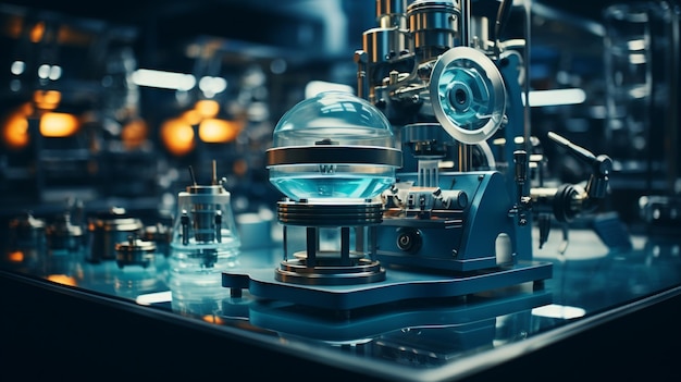 ein Labor mit Blick auf mehrere Bechergläser mit Wasser im Stil von überstarkem Hellblau und Marineblau