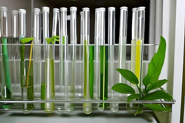 Ein Laborregal mit Reagenzgläsern und einer Pflanze mit grünem Blatt.