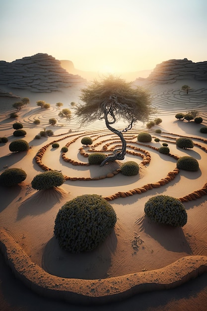 ein Labyrinth aus Bäumen in der Wüste mit einem Baum in der Mitte