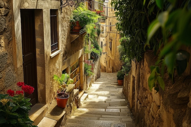 Ein Labyrinth aus schmalen Straßen in einer mediterranen Stadt, die von KI generiert wurde