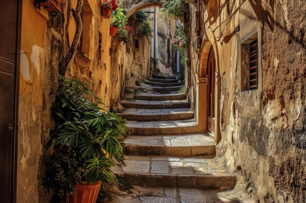 Ein Labyrinth aus schmalen Straßen in einer mediterranen Stadt, die von KI generiert wurde