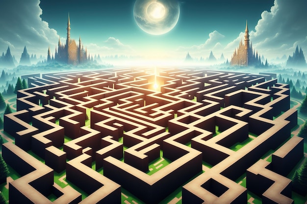 Ein Labyrinth mit einer Stadt im Hintergrund