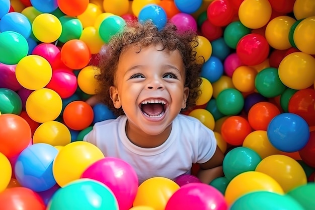 ein lachendes Kind, ein Junge, der sich auf einer Geburtstagsfeier in einem Spielplatz mit bunten Bällen am Spielplatz am Spielpark und im Indoor-Spielzentrum am Lachen am Ballspielplatz amüsiert