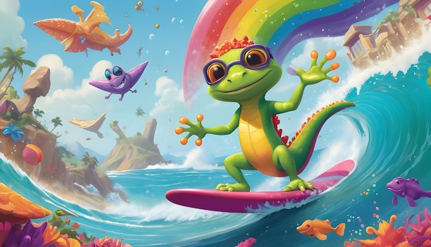 ein lachendes Reptil mit Schnorchel und Flossen surft auf einer Regenbogenwelle