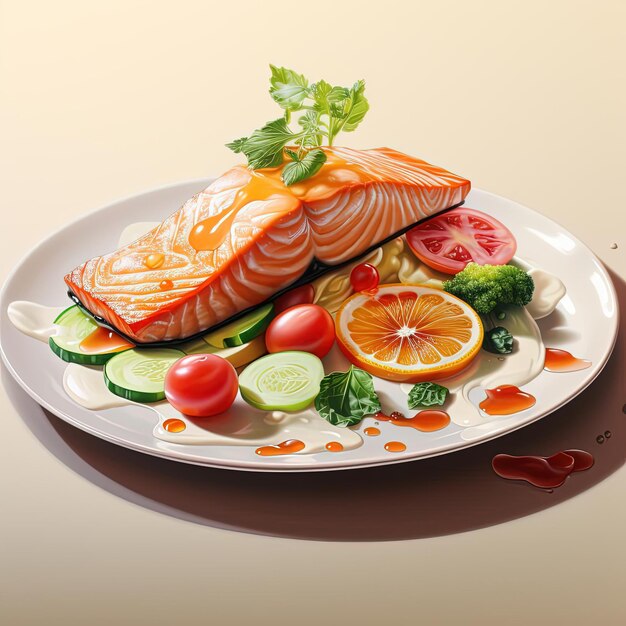 ein Lachs mit Gemüse und Tomaten auf einer weißen Platte im Stil des digitalen Airbrushing