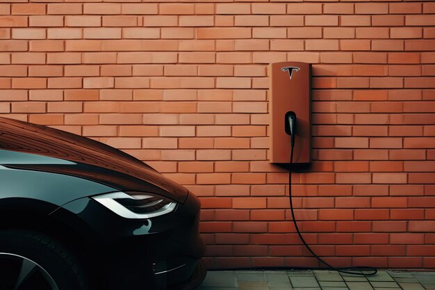 Foto ein ladegerät für elektrofahrzeuge neben einer roten backsteinmauer im stil des naturalistischen und dennoch surrealen